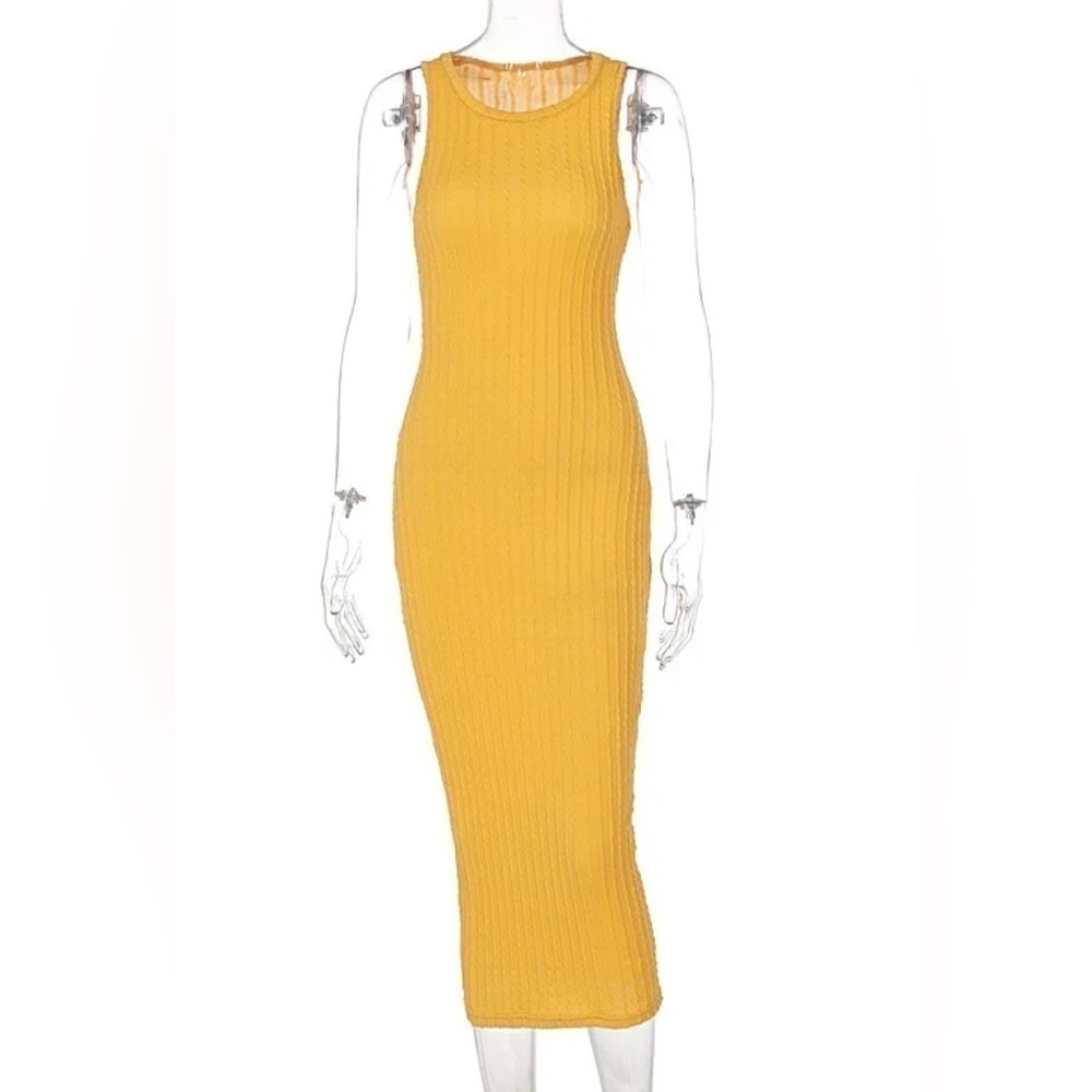 Elegant Yellow Ribbed Sleeveless Midi Tank Dress - Picture 8 of 10